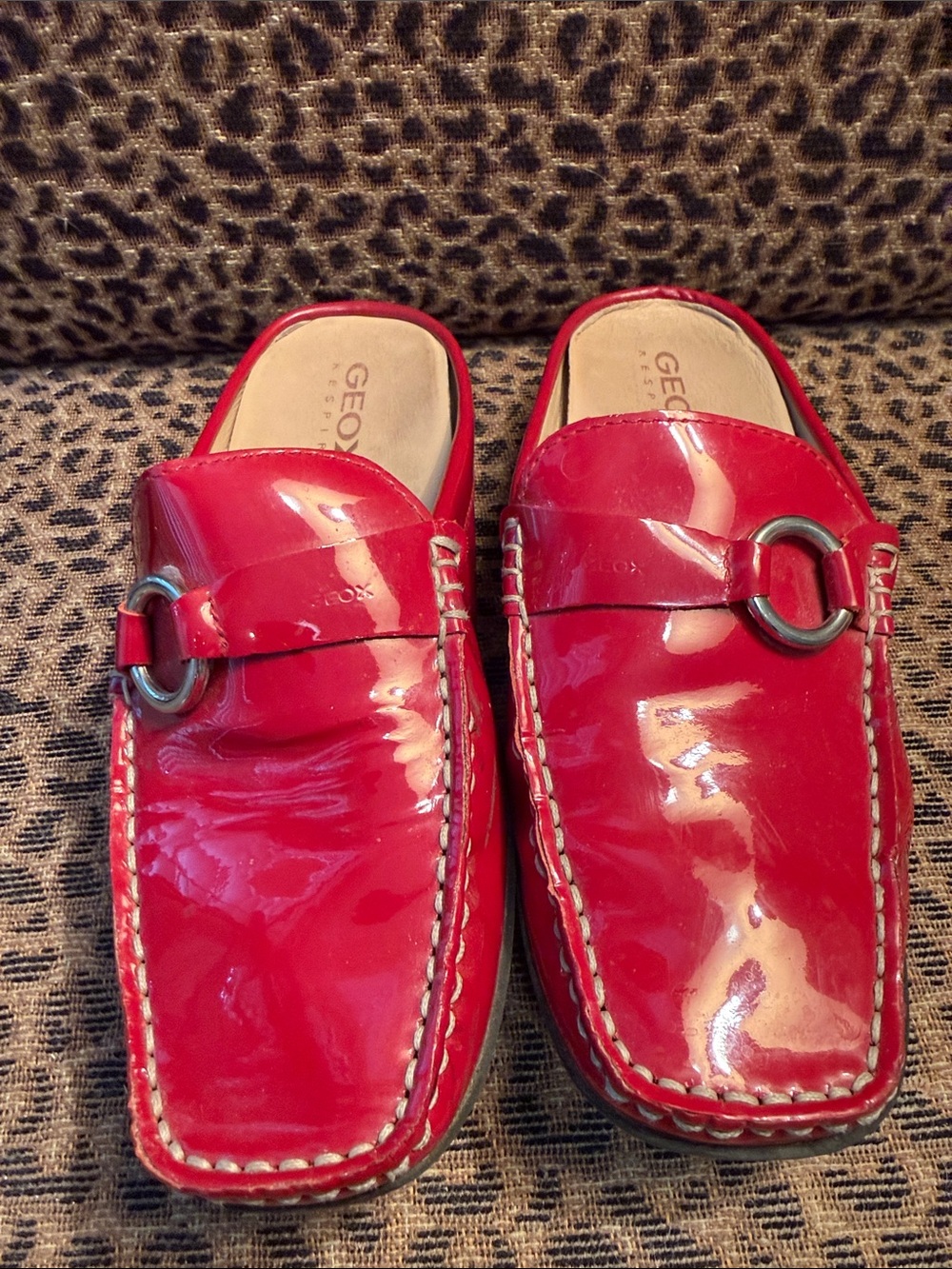 Geox Bright Red Patent Slip-On Loafers with Silver Ring